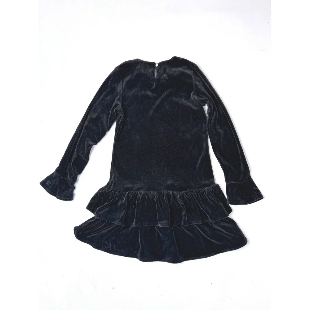 RALPH LAUREN Girls Black Velvet Velour Dress L 12-14 Ruffles Long Sleeve Holiday